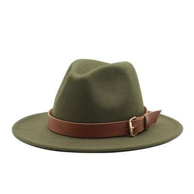 Fedora hoeden voor mannen, effen, formele kleding, kerk, bruiloft, brede rand, vilten hoed, winter, herfst, kaki, beige, riem, gesp, jazzpet voor mannen: Legergroen