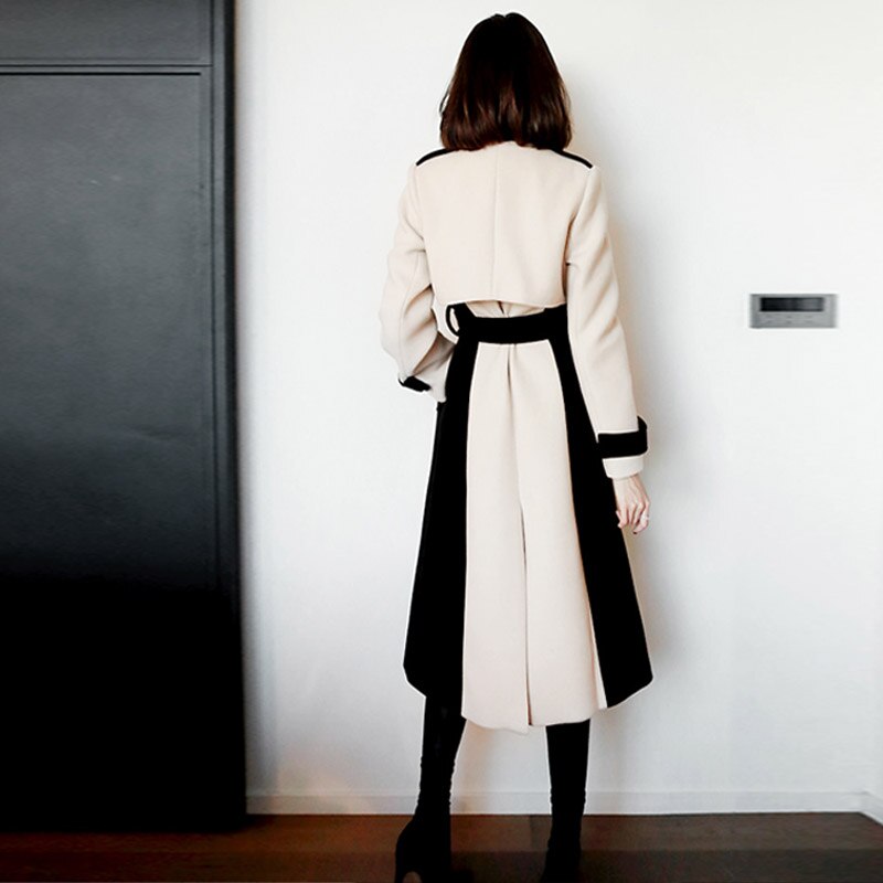 Trench-Coat en Tweed épais et pour femme, pardessus en laine, Double boutonnage, Patchwork, manches longues, coréenne, automne hiver