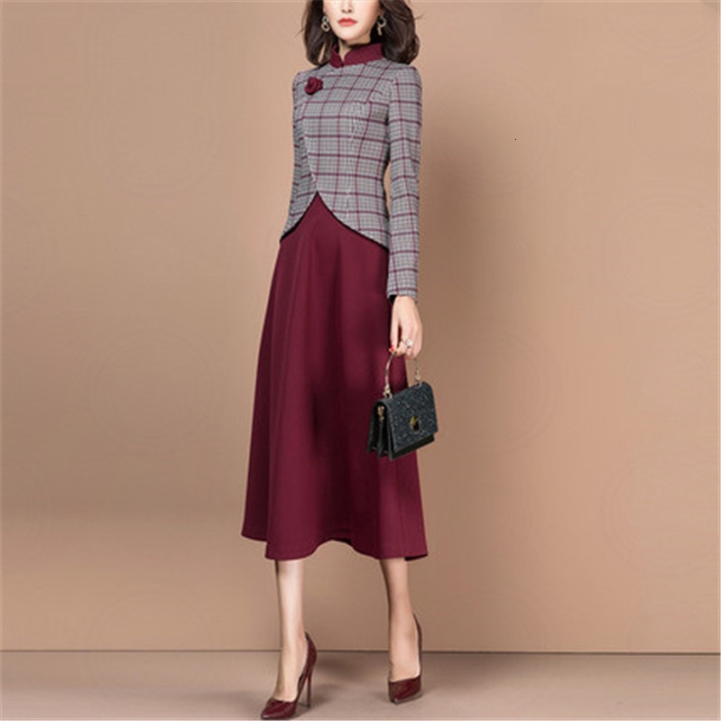 Trajes de vestir para mujer, de manga larga, Estilo Vintage a cuadros, chaqueta delgada, vestidos de talla grande, Formal, de negocios, para oficina, conjunto de 2 piezas de ropa: L