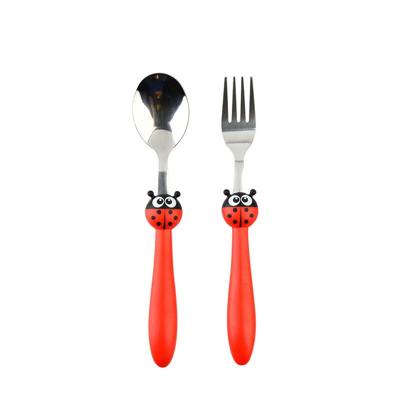 2 st/set tecknade nyckelpigor barn servis set barn porslin kostym bärbar rostfritt stål bestick köksredskap