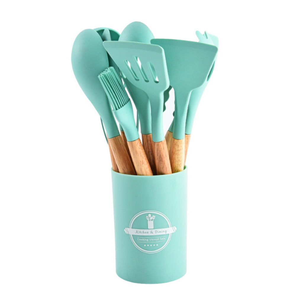 12 Stuks Siliconen Keukengerei Non-stick Kookgerei Keukengerei Set Spatel Schop Eikloppers Houten Handvat Koken Tool set: green