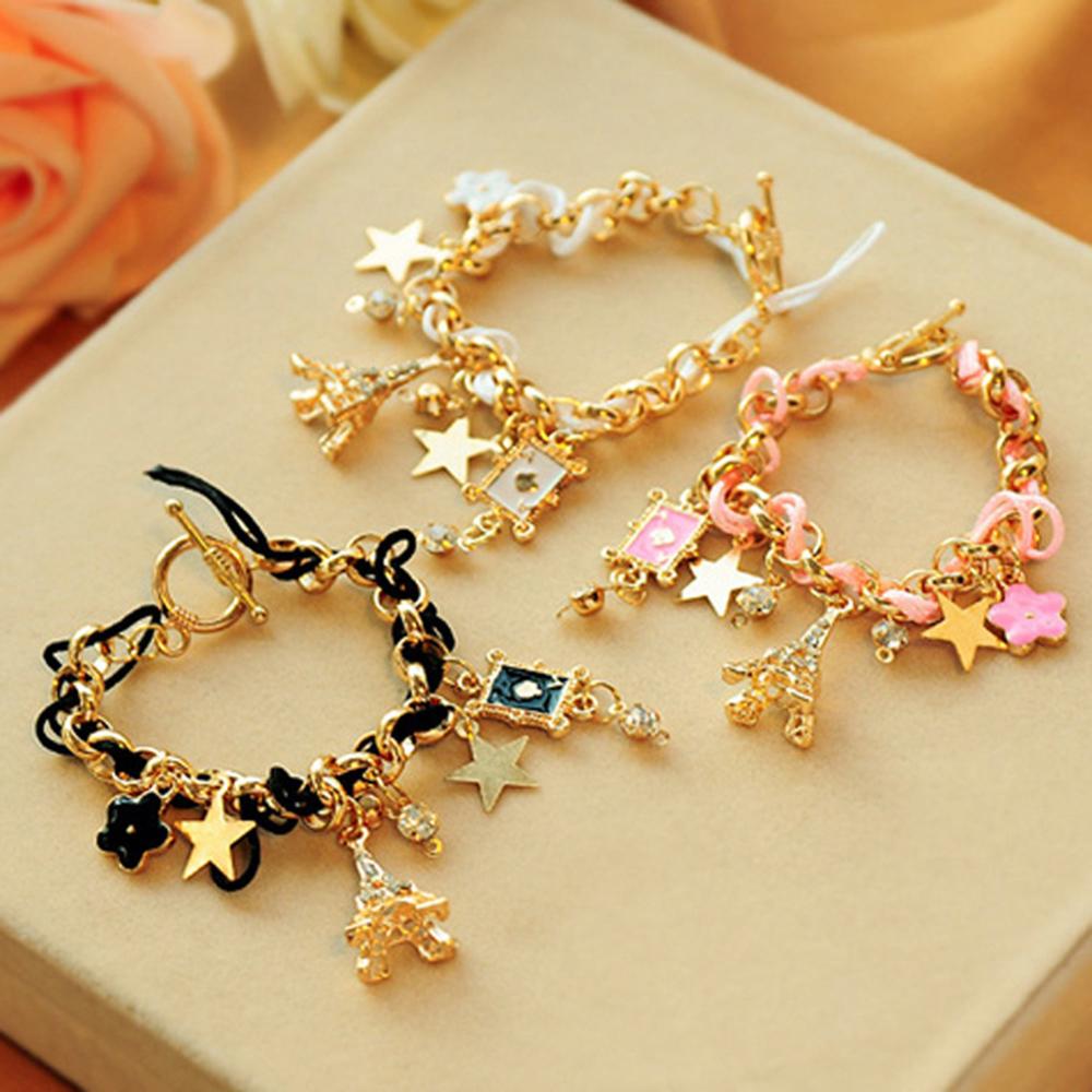 Women Flowers Bracelet chain Star Heart Paris Eiffel Tower Crown Poker Cute Bangle Leather Rope Chain Jewelery