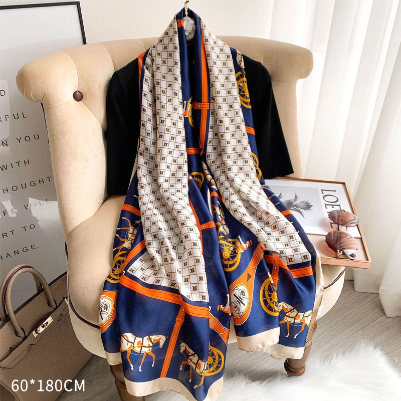 Frauen Seide Schals Sommer Sonnenschein Strand Schal Weibliche 60*180cm die Seide wickelt Kopf Hijab Dame Halstuch Weichen Satin- schals Foulard: ZSD-4-Marine