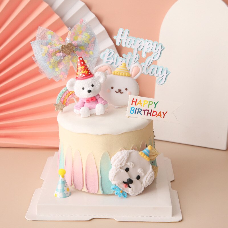 Dyr hund fødselsdagsfest kage topper bageartikler korea ins bichon børn baby favor cupcake bage tilbehør dekorationer