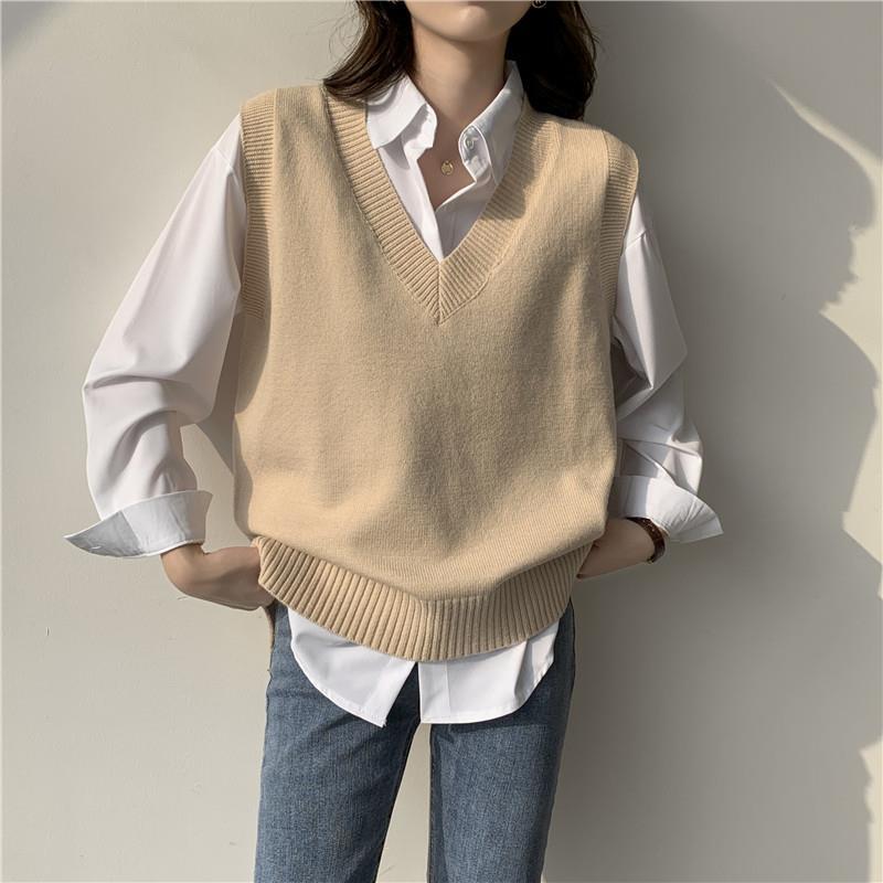 Sweater Vest Women V-neck Solid Simple Slim All-match Casual Korean Style Teens Chic Autumn Winter Sleeveless Sweaters