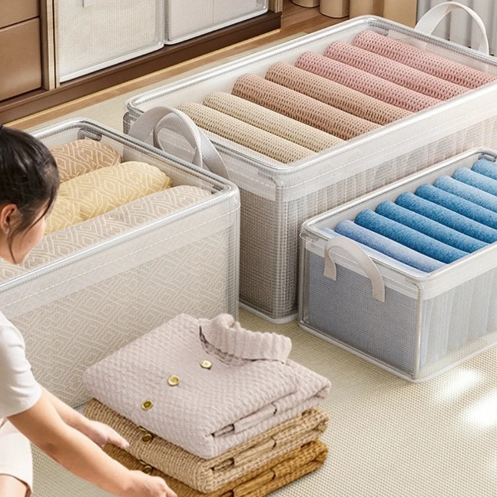 Clothes Storage Box Household Wardrobe Clothes Layered Finishing Box Transparent Folding Storage Basket Frame Artifact