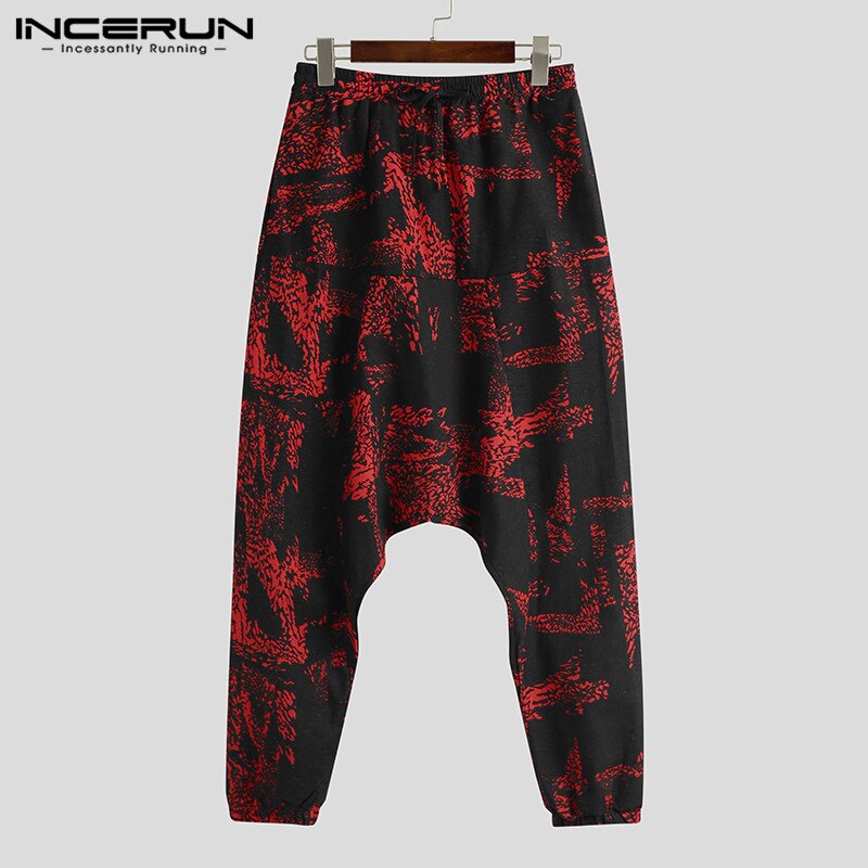 Incerun moda masculina impresso harem calças casual bolsos soltos joggers cintura elástica pantalon 2020 calças drop-virilha streetwear