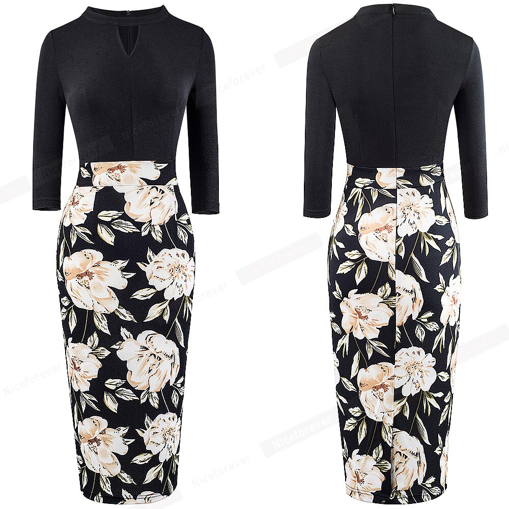Nice-forever Spring Women Floral Print Patchwork Office Dresses Business Formal Bodycon Fitted Slim Dress B556