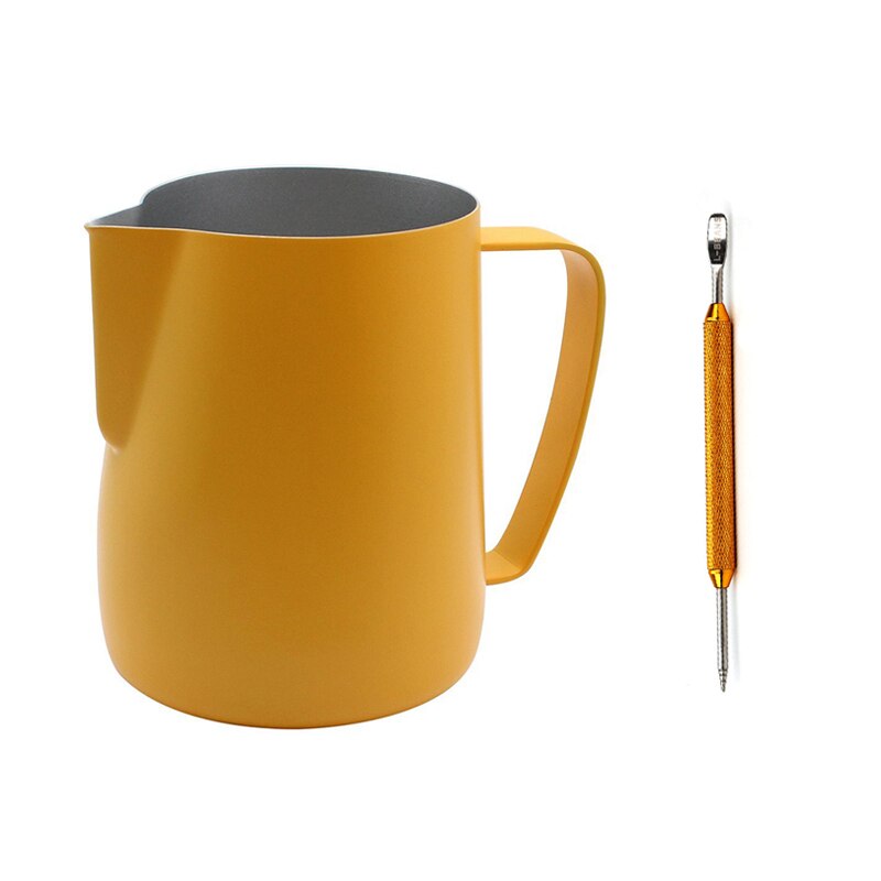 Stainless Steel Milk Frothing Pitcher with Latte Art Pen, 350ml Milk Frothing Jug: Lemon Yellow
