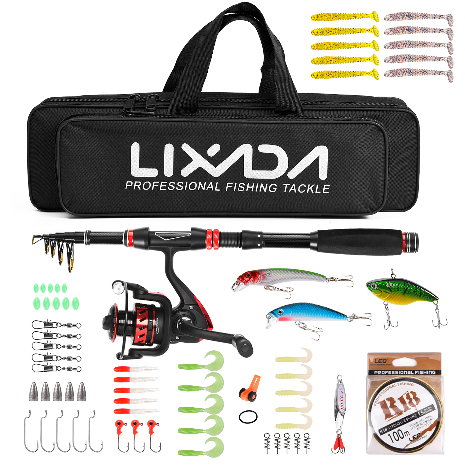 Lixada fiskestang rulle combo kulfiber fiskestang med spinding hjul combo taske rejse fiskeri lokker jig kroge fuld kit: 1.8m