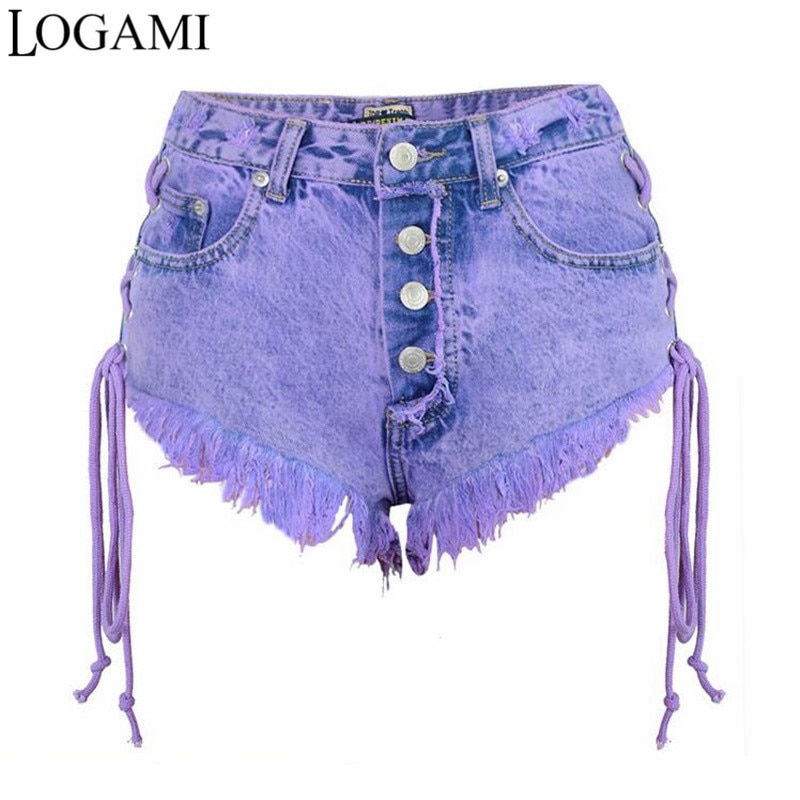 LOGAMI Hoge Taille Mini Jeans Korte Sexy Shorts Vrouwen Beide Side Tie Shorts Jeans Paars
