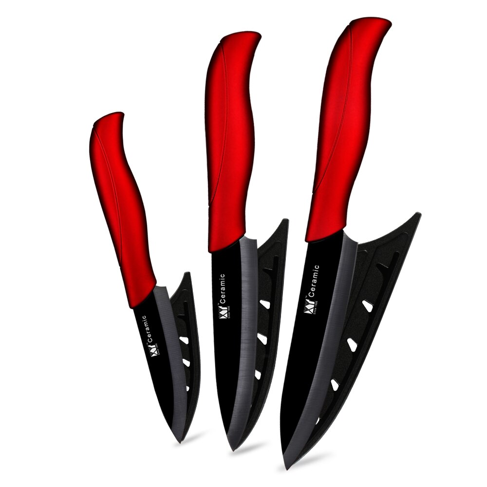 Keramik Messer 3 4 5 6 zoll Küchenmesser Set Peeler Zirkonia Schwarz Weiß Klinge Obst Koch Messer Vege Kochen werkzeug Stand Abdeckung Fall: Red 3 Pcs Set