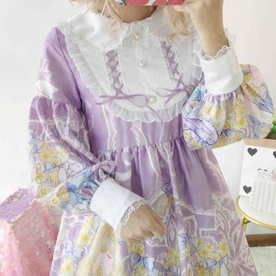 Japanese Lolita Dress Daisy Girl Long Sleeve Op Dress Japanese Small Fresh sweet dress: Purple
