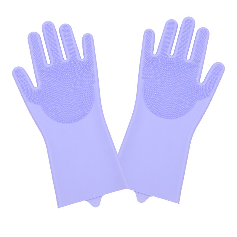 1 par opvaskemiddel handsker magiske silikone retter rengøringshandsker med rengøringsbørste køkkenvask husholdning skrubbehandsker: Lilla et par