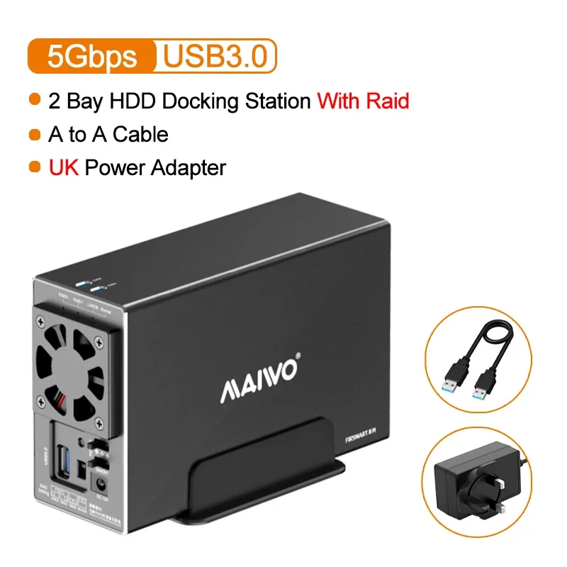 MAIWO 2 Bay HDD Docking Station SATA To USB 3.0 Hard Drive Docking Station for 3.5 Inch Hard Drive Case with 4 RAID Modes Case: grey