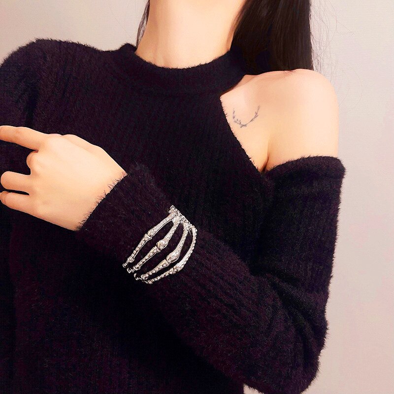 Cuban Link Kette Armband - Punk Gothic Skelett Hand - Verstellbares Manschetten Schmuck für Herren Damen