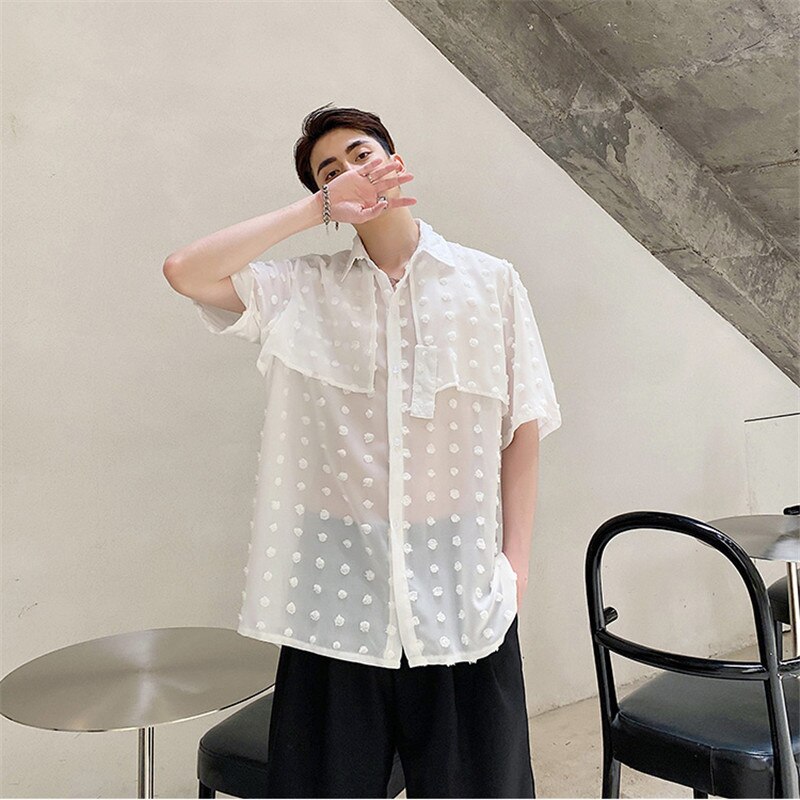 Versma japansk vintage stil chiffon polka dot gennemsigtig skjorte scene kostumer til sangere kortærmet skjorte mænd: Hvid / L