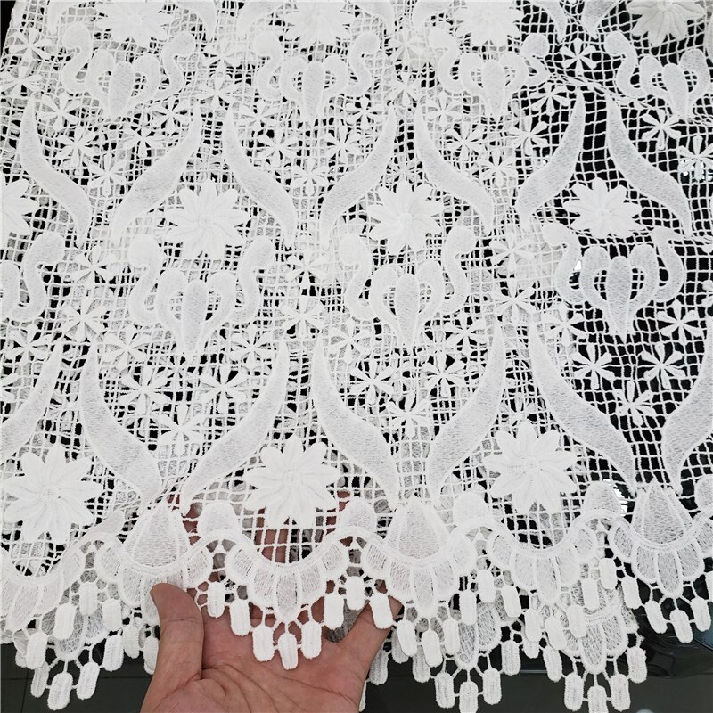 Tela de encaje de guipur de grado clásico para vestido de boda, tejido suave bordado, cordón africano, color blanco puro, amigable con la piel, última NN957-k: Pure white9