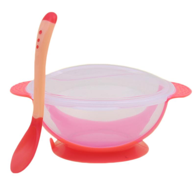 4 Colors Baby Feeding Tableware Toddler Training Bowl with temperature-sensitive Spoon bowl baby Feeding Accessories: Pink