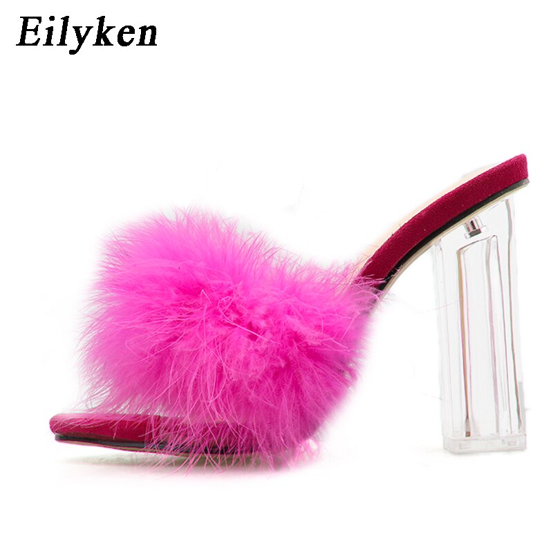 Eilyken Mode Harige Open Teen Slippers Clear Crystal Hoge Hakken Vrouwen Schoenen Vierkante Hak Transparante Vrouwelijke Sandalen