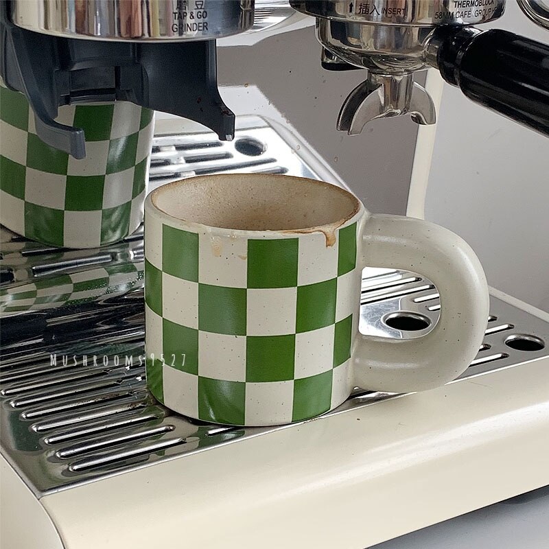*Mushrooms 9527 * Korean Style Retro Green Checkerboard Grid Ceramic Mug Hemp Dot Coffee Mug Latte Mug Couple Mug
