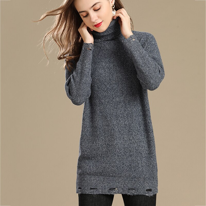 Women's turtleneck sweater oversized winter clothes Long sleeve Silver flash tattered decoration women pullover: Blue