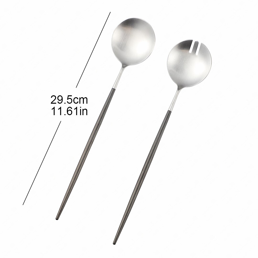304 Stainless Steel Serving Spoon Set Kitchen Large Salad Spoon Fork Cutlery Set Dinning Server Steel Utensils Salad Scoop Fork: black silver