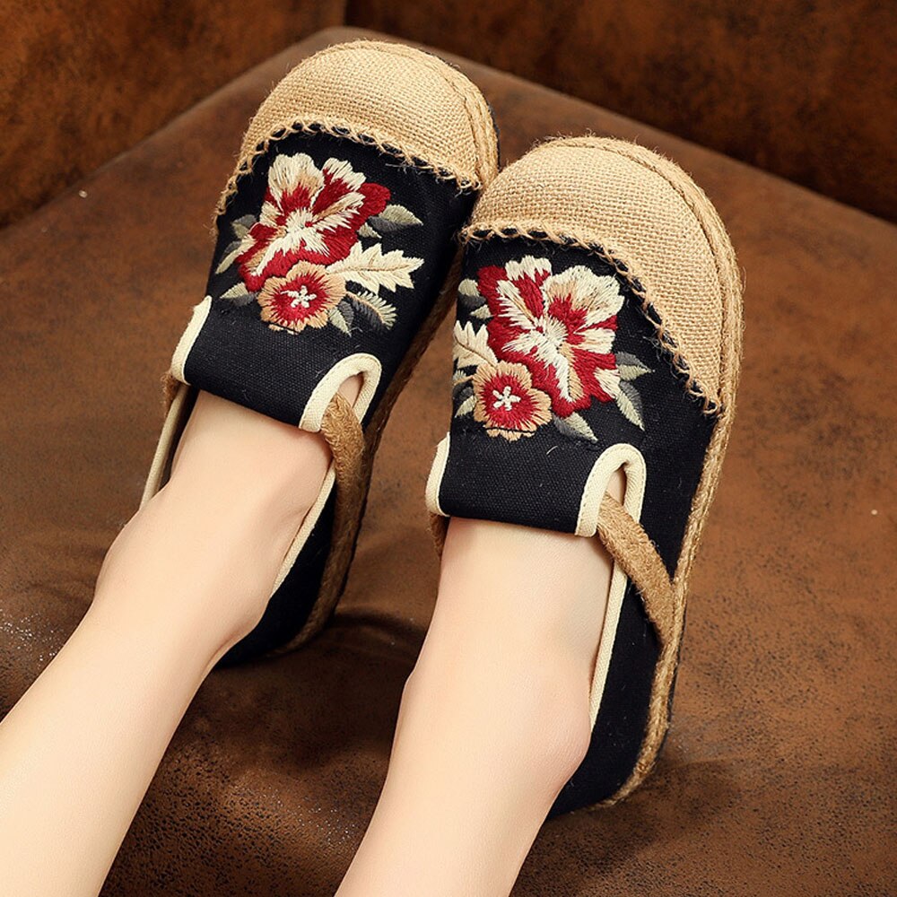 Vegan Handmade Women Linen Cotton Loafers Espadrilles Flower Embroidered Ladies Casual Flat Platform Sneakers Shoes