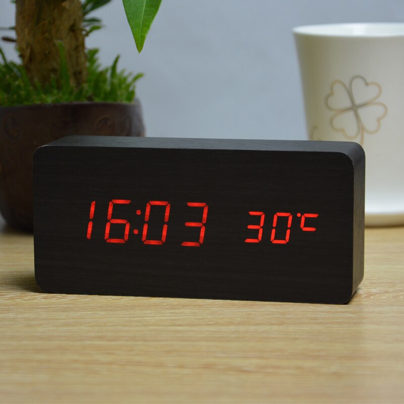 Mode Houten Wekkers Met Thermometer Eenvoudige Rechthoek Tafel Klokken Led Sound Control Desktop Decoratie Klok