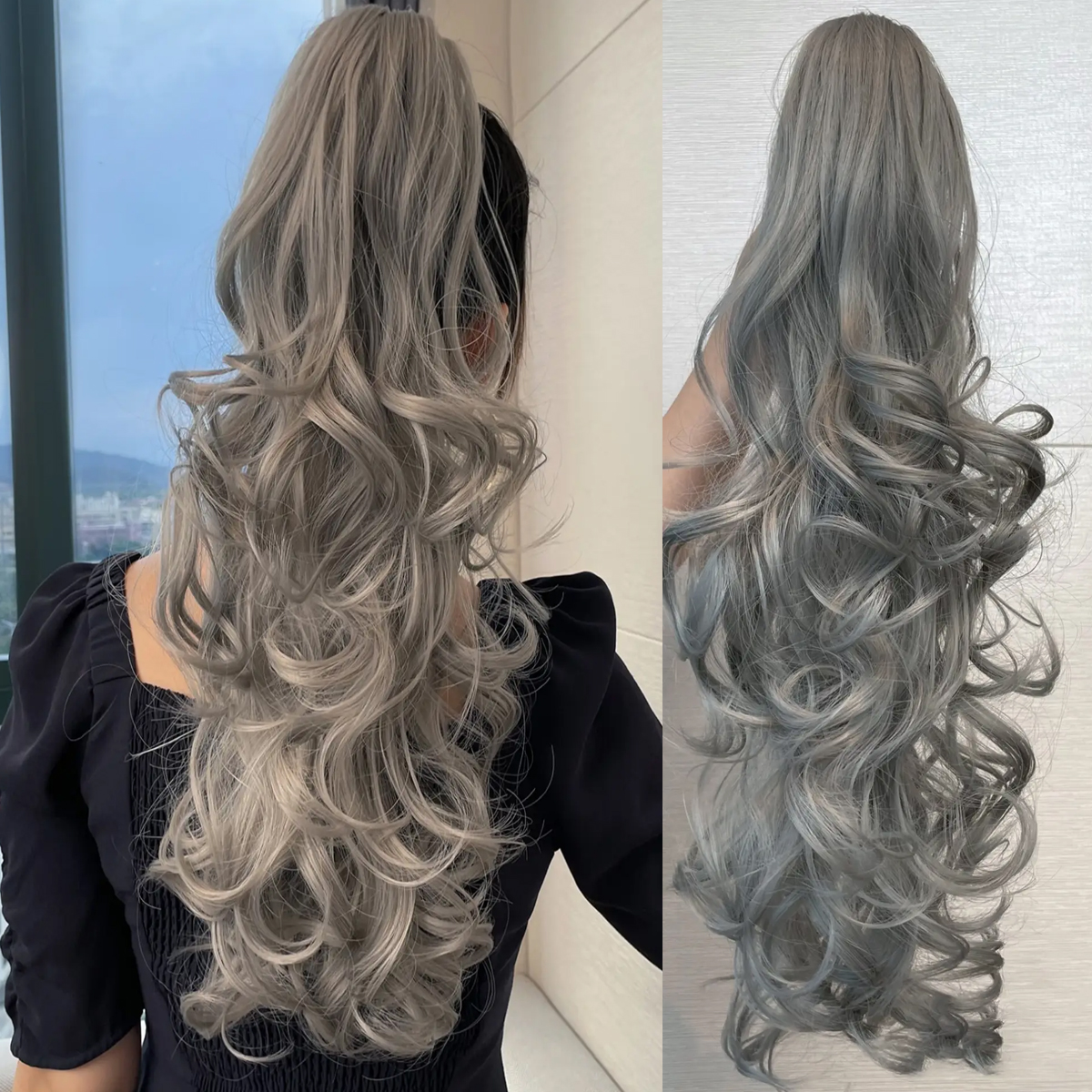 24inch Synthetic Multicolor Horsetail Extensions Very Long And Fluffy Wavy Heat Resistant For Women Curling Pieces