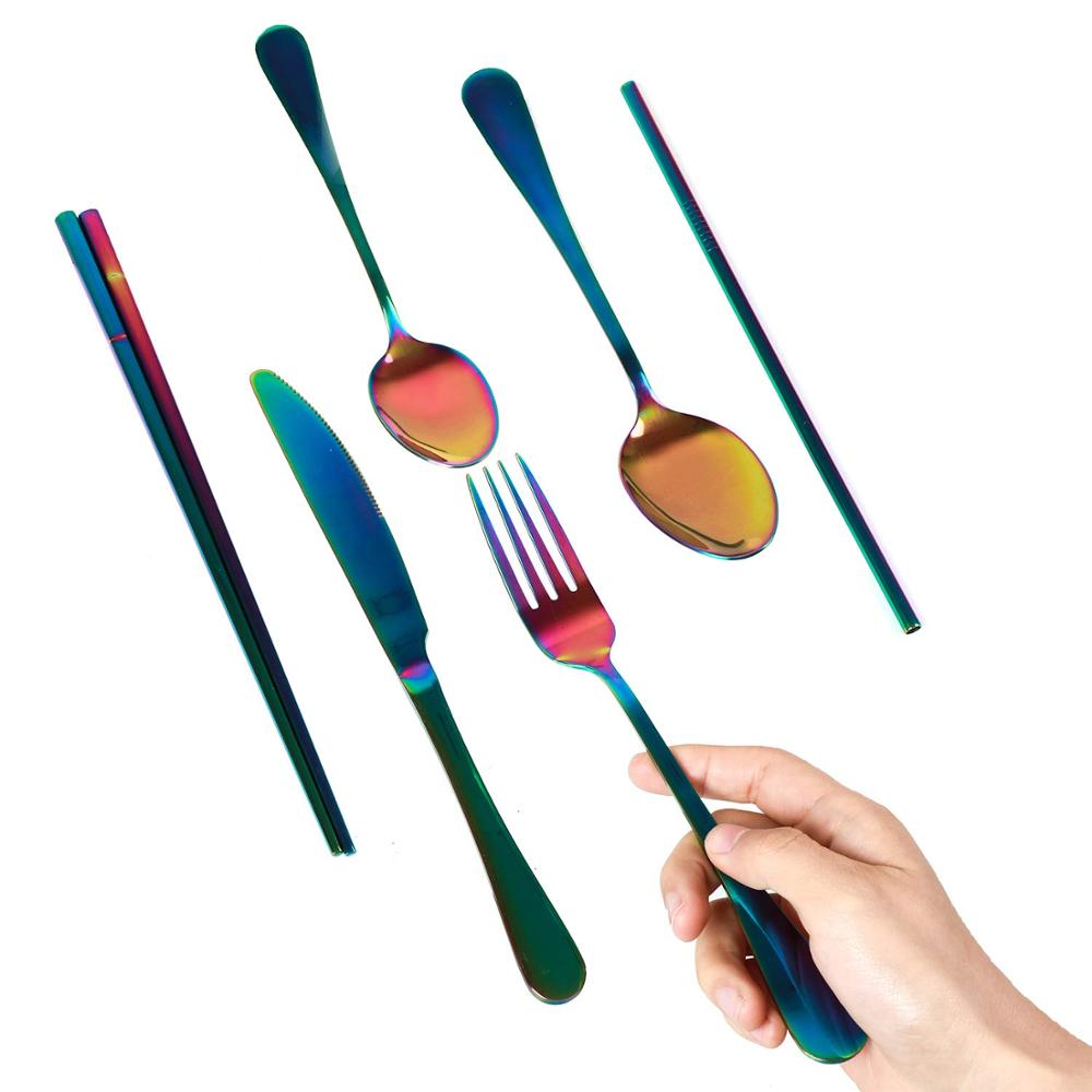 Serviesje Reizen Camping Bestek Set Herbruikbare Zilverwerk met Metalen Stro Lepel Vork Eetstokjes en Draagbare Case