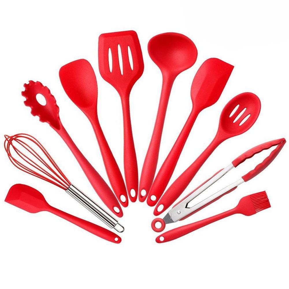 11Pcs Silicone Cookware Set Heat Resistant Non-stick Safe Cooking Baking Tool Kit Utensils Kitchen Accessories With Storage Box: 10pcs red