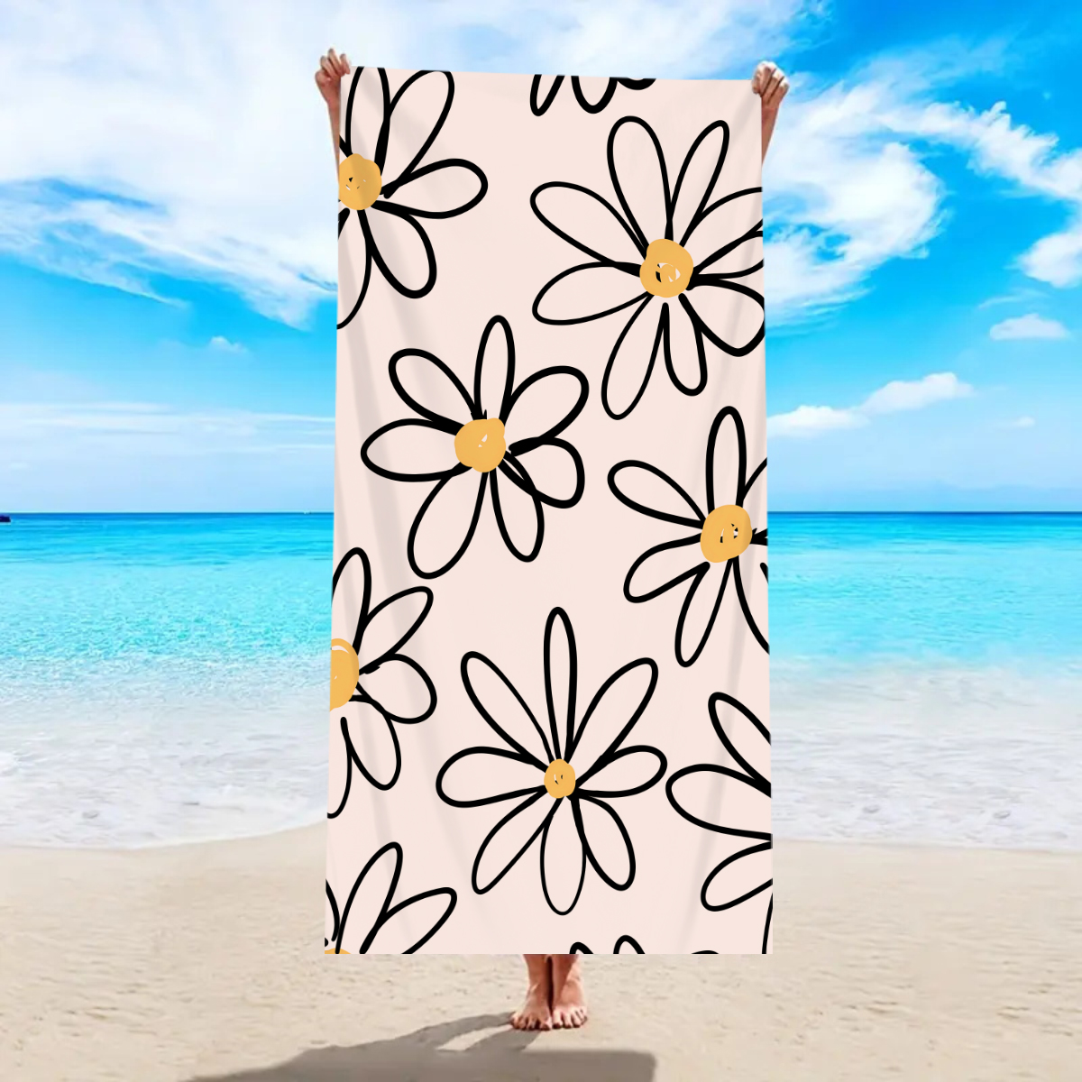 1pc Boheemse grote strandlaken, gestreepte bloemliefde bedrukte badhanddoek, buitenzwemmen, , camping strandlaken: XS / Ivoor