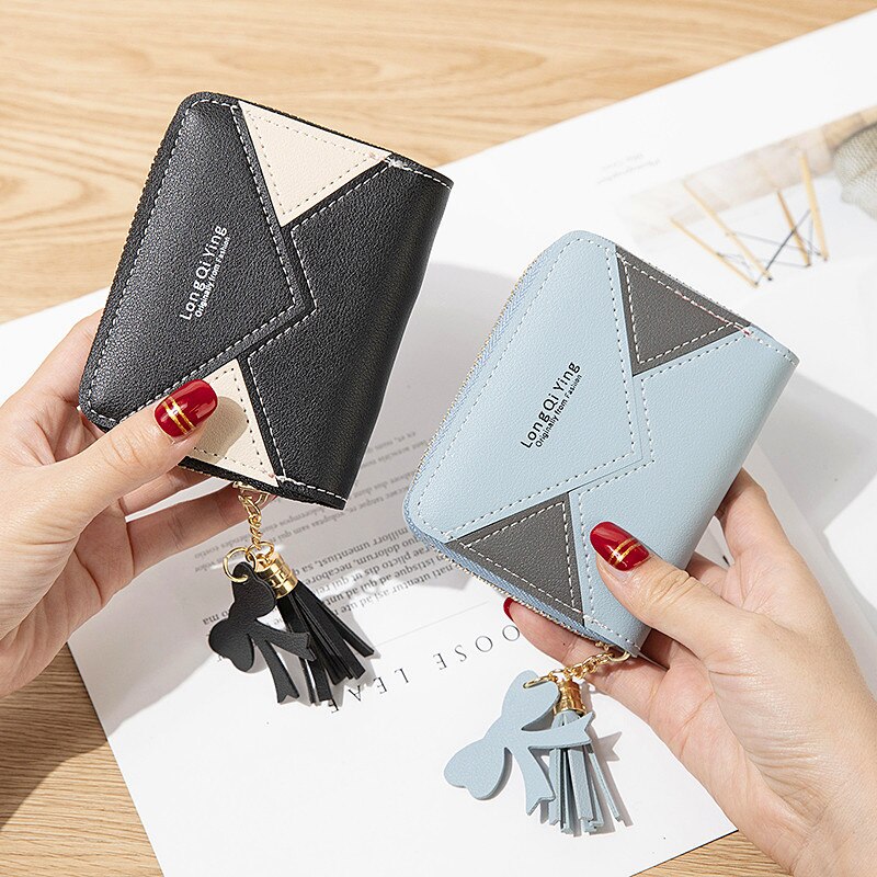 stitching color card clip change small wallet ladies short zipper tassel wallet mini coin purse