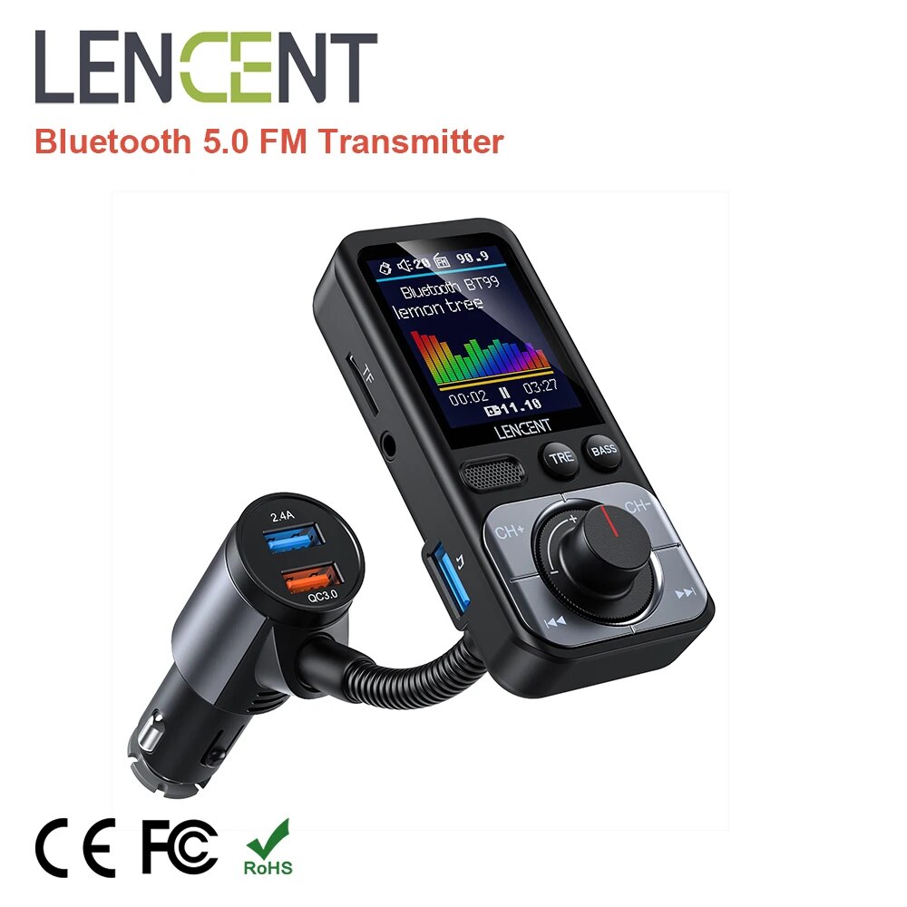 LENCENT Bluetooth 5.0 FM-zendermodulator met 2USB-poorten QC3.0 Auto Snellader MP3-speler Radiozender Carkit