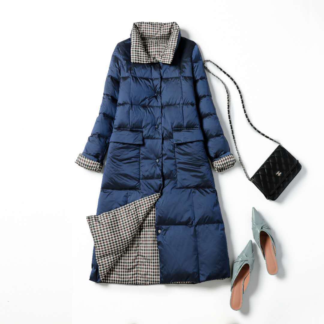 Luzuzi-Chaqueta de plumón largo de doble cara para mujer, Parkas cálidas de invierno con cuello alto a cuadros, plumón de pato blanco, ropa de abrigo para nieve,: navy blue / S