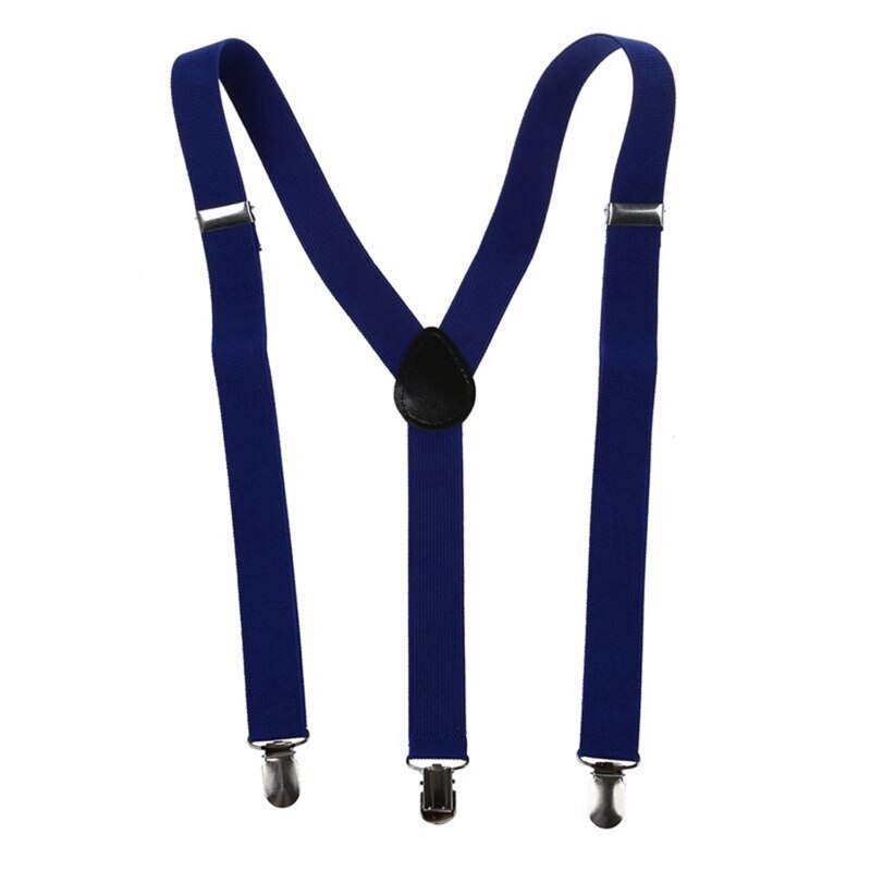 2x Adult Adjustable Metal Clamp Elastic Suspenders Braces Dark Blue &amp; White