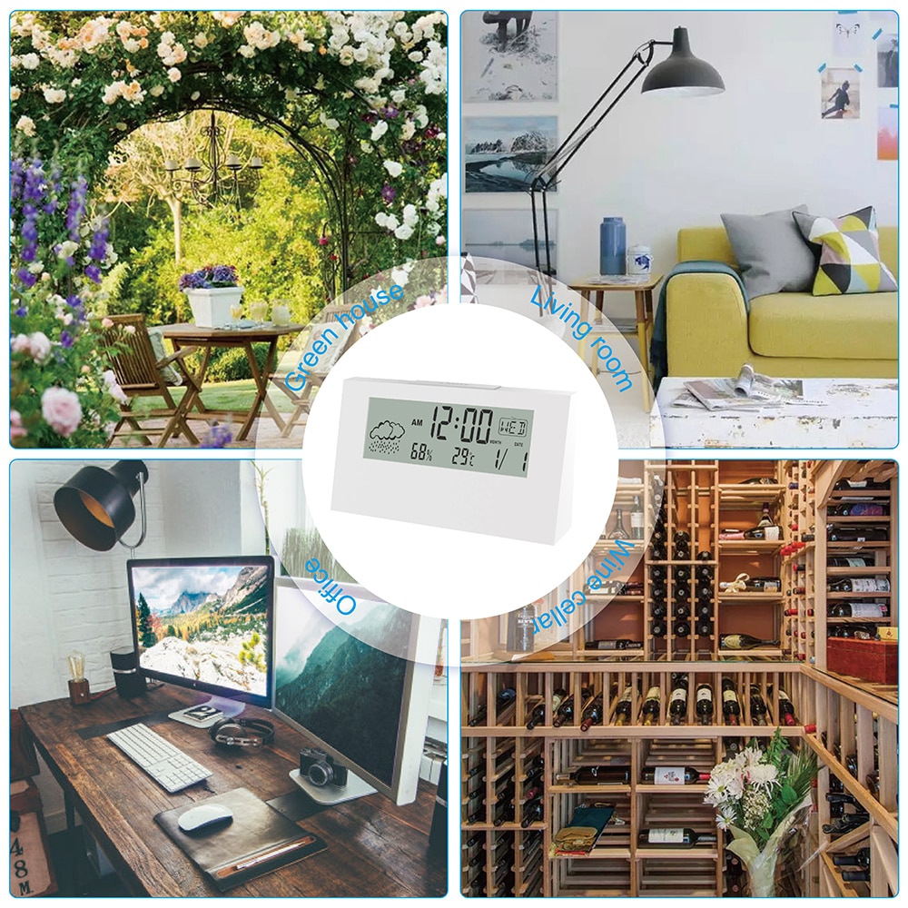 Reloj despertador eléctrico LCD de escritorio, reloj blanco con calendario y temperatura Digital, humedad, moderno, para el hogar y la Oficina, funciona con pilas