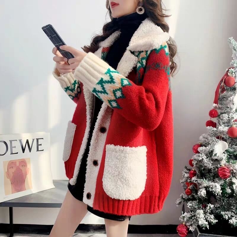 Multicolor Kerst Trui Vest Vrouwen Verdikte Winter Losse Gebreide Jas Pull Femme Jumper Dames Truien: Red