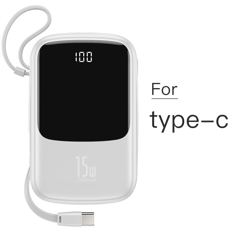 Baseus 10000mAh Mini Power Bank Built in Cables PowerBank External Battery Charger For iPhone 12 11 Pro Xiaomi Samsung Huawei: White Type-C Cable