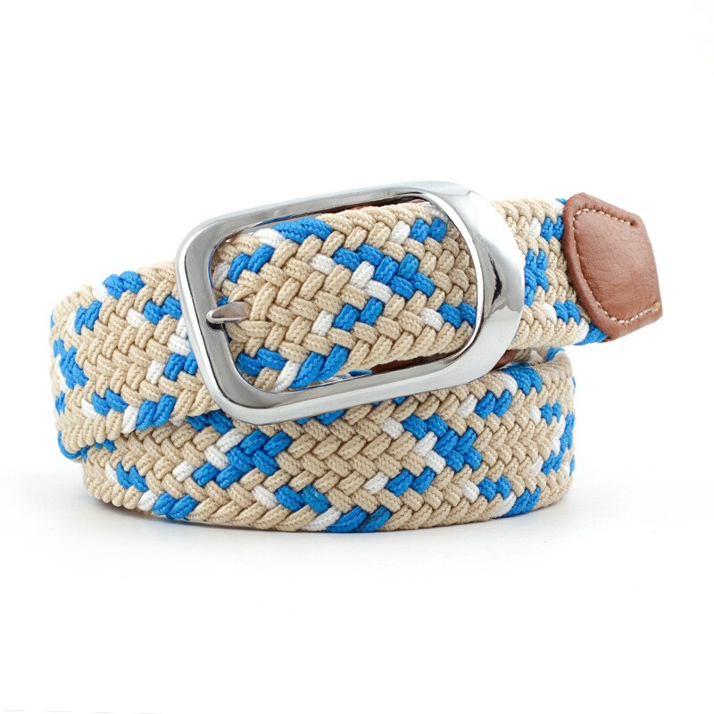 Menn kvinner elastisk belte lerret nylon tøyelig flettet belter til jeans nålspenne fargerik strikket webbing stropp rem: beige-blå-hvit