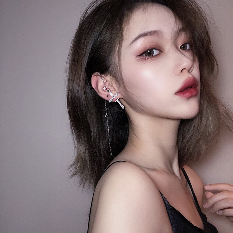 Asymmetrische Lange Kwast Ketting Manchet Oorbellen Voor Vrouwen Meisjes Vlinder Oor Botten Clip Oorhaak Oorbellen Sieraden Party: 7  (1pc)