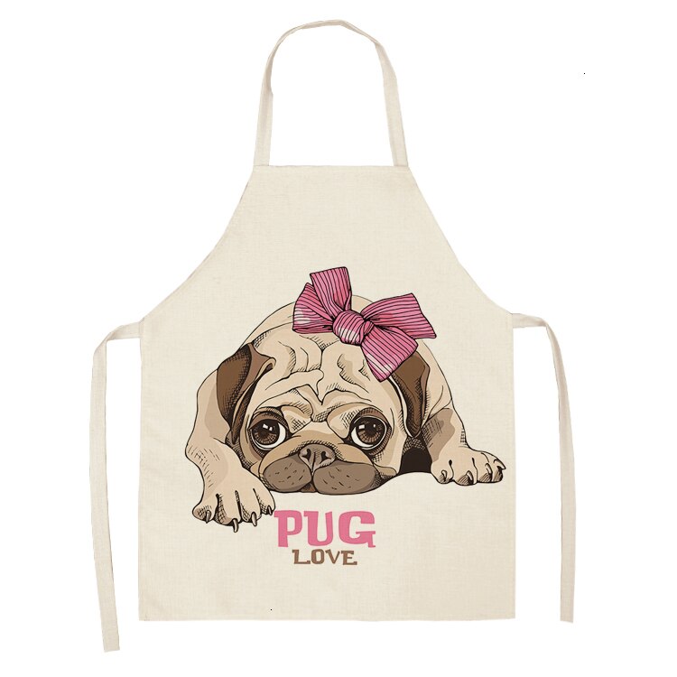 Nette Hund Mops Gedruckt Baumwolle Leinen Ärmel Schürze Küche Schürzen Frauen Hause Kochen Backen Taille Lätzchen Schürze 53*65cm WQL0152: WQL0152-8