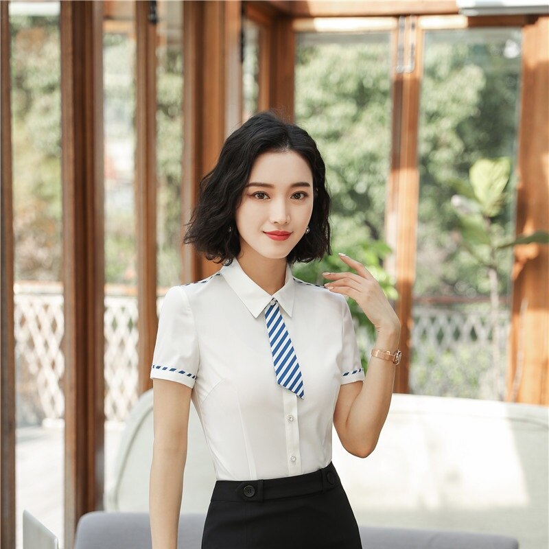 Stijlen Mode Elegante Korte Mouwen Blouses & Shirts Voor Vrouwen Business Werkkleding Blouse Vrouwelijke Tops Kleding Met tie