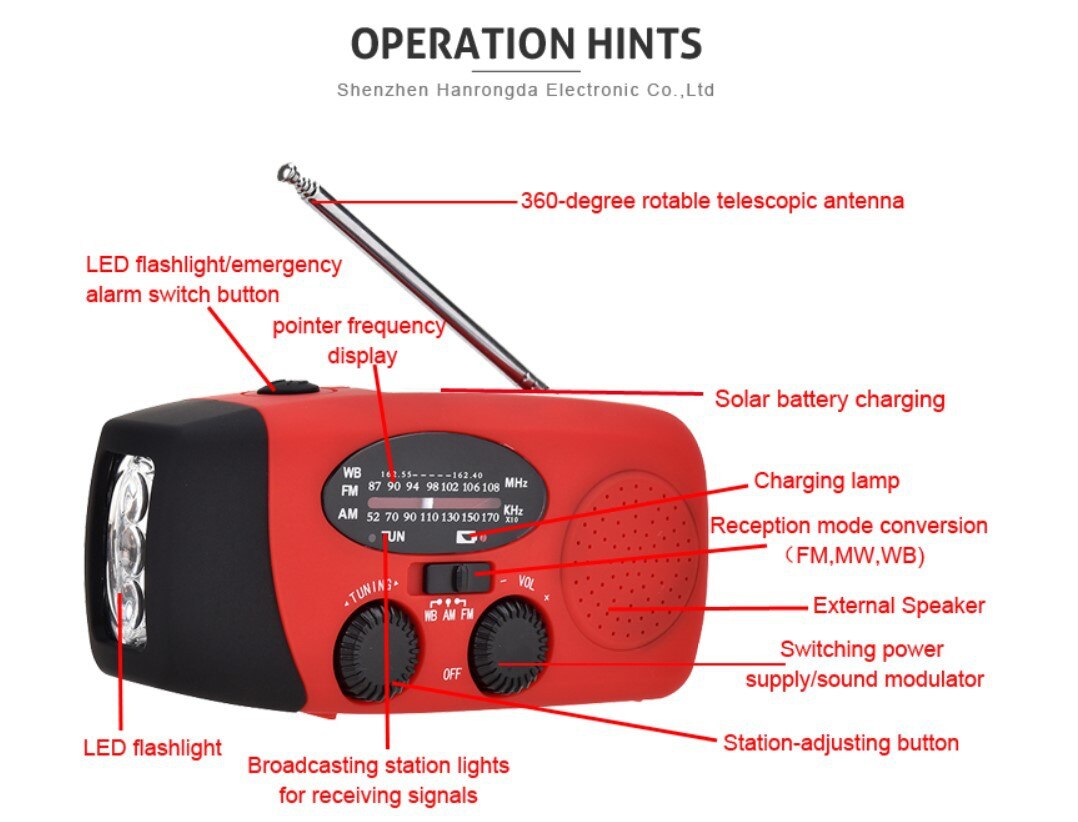 Solar Powered Radio Am/fm/noaa Weather Dynamo Led Flashlight Waterproof Outdoor Multifunctional Hand Radios Combination Headligh