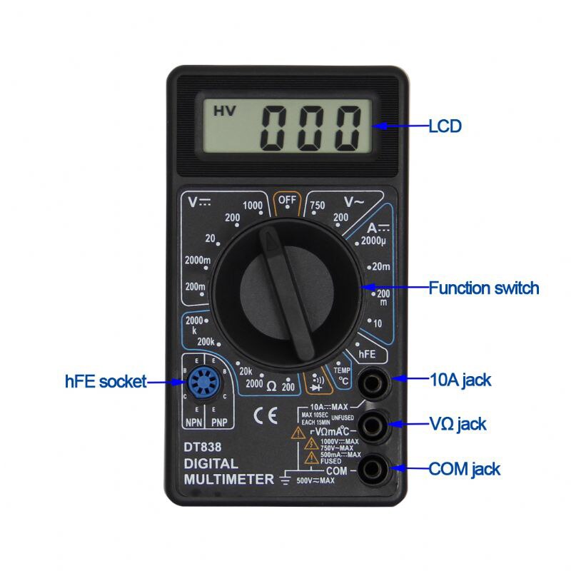 LCD Digital Multimeter Tester Hand Voltmeter Measuring Current Resistance Temperature Meter AC/DC Ammeter Test Lead Probe Test