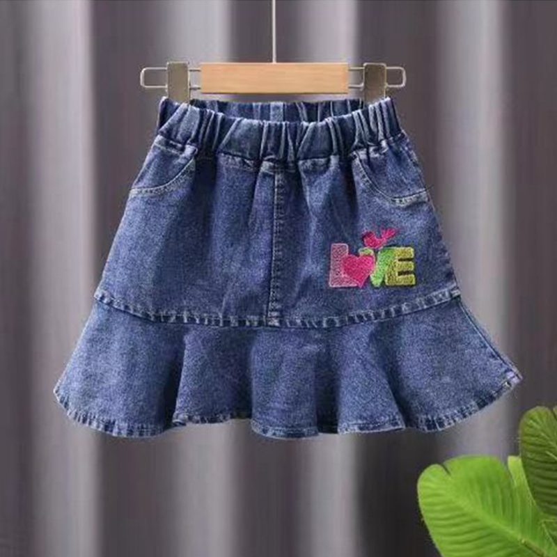 Jupe longue en jean brodée pour filles de 3 à 11 ans, jupe trapèze pour enfants: Love / XL