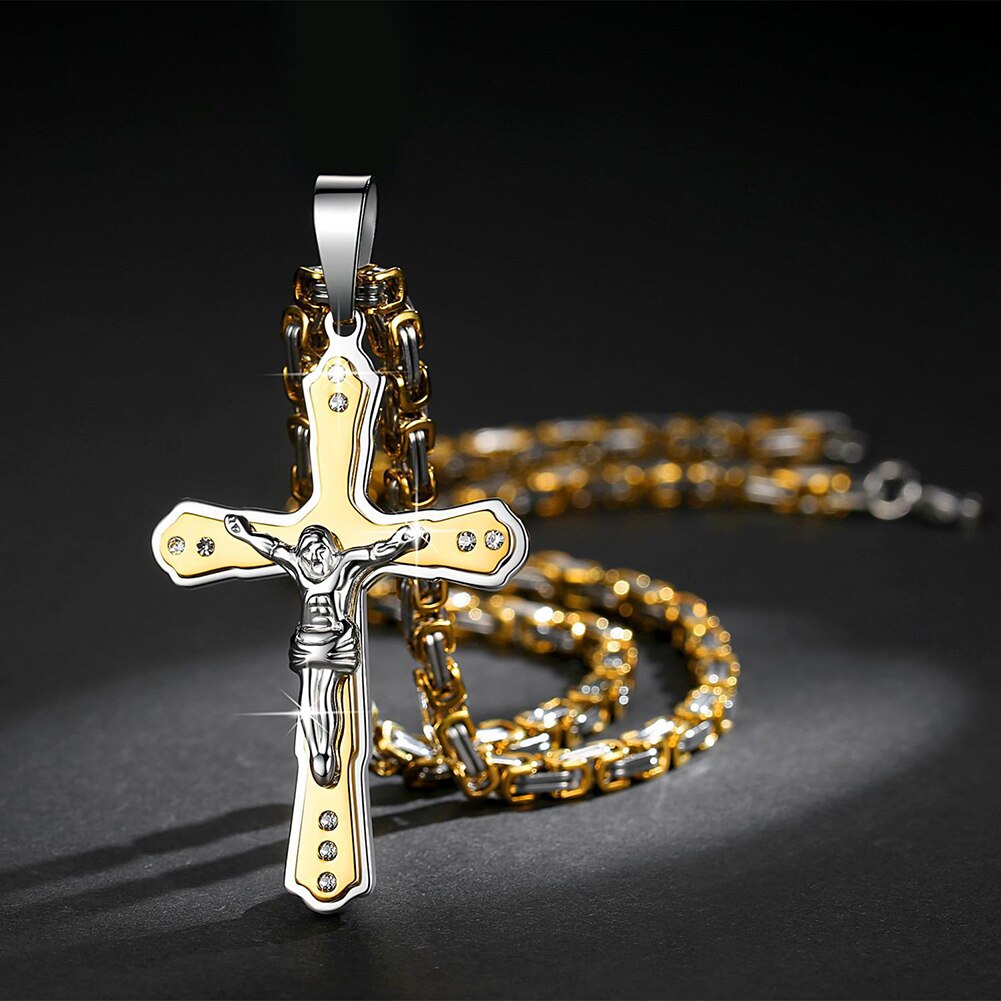 Legering guld färg kors hänge halsband jesus kors strass inlagt hänge halsband män religiös tro smycken