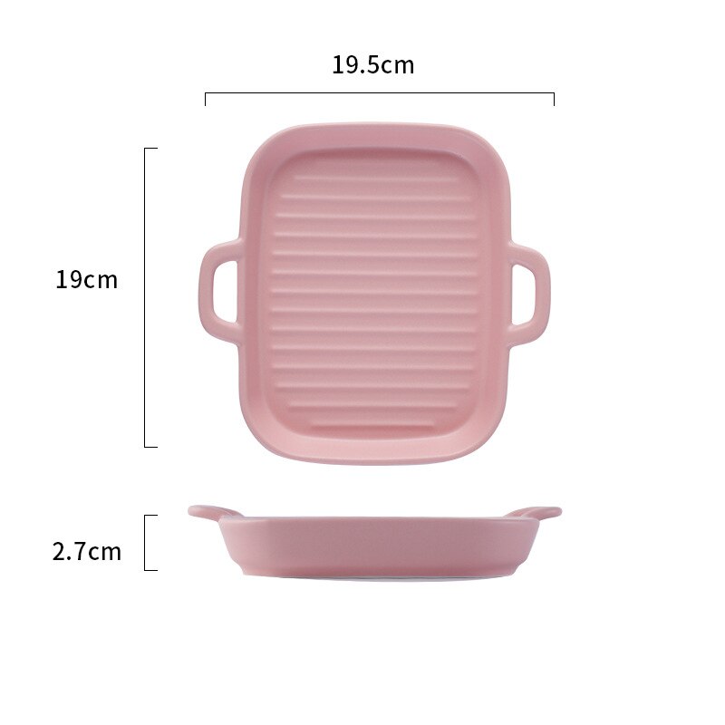 Nordic Ceramic Plate Rectangular Ceramic Plate with Handle Matte Satin Chassis Oven Baking Pan Western Roasted Wing Pan: pink square