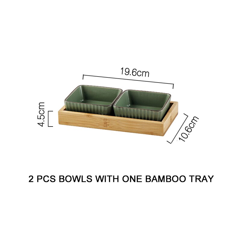 Muzity Keramische Vierkante Kommen Saus Schotel Porselein Dessert Snack Platen Met Bamboe Lade Kerstcadeau: green-a set